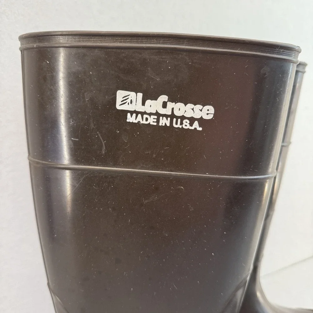 Vintage LaCrosse Rubber Boots Made in USA Black‎ Tan Sole Rain Barn Work Mens 8
